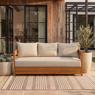 SAFAVIEH Outdoor - Kento 3-Seat Sofa - Natural & Taupe - Solid Wood with Cushion - Modern…