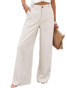 Hooever Womens Cotton Linen Pants Casual Button Up High Waisted Wide Leg Trousers