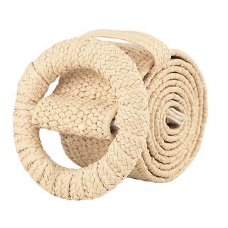Women Woven Rattan Wide Stretch Straw Belt Beige