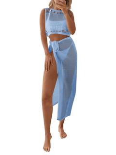 Fisoew Womens Crochet Swim Cover Ups 2 Piece Sleeveless Crop Tops Beach Wrap Skirt Hollow…