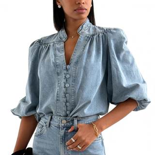 Women's Vintage Denim Shirt, V Neck 3/4 Lantern Sleeve Blouse, Casual Button Down Jean…