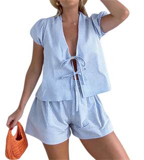 Yuemengxuan Women Y2k Peplum Shirt Shorts Set Two Piece Lounge Set Pajamas Sets Puff…