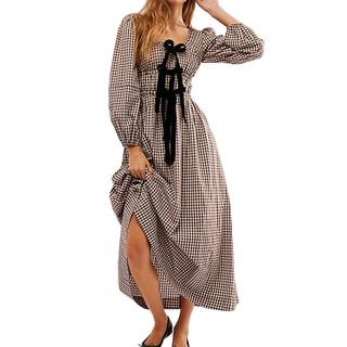 Women Plaid Long Dress Lantern Sleeve Square Neck Maxi Dress with Bow Tie Cottagecore…