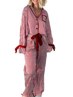 Christmas Pajama Sets for Women 2 Piece Bow Tie Holiday Loungewear | Long Sleeve,Button…