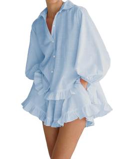Women Ruffle 2 Piece Sets Long Sleeve Button Down Shirts and Shorts Fashion Stripe…