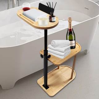 3 Layer Bath Tub Tray Table Liftable Freestanding Bamboo Bath Tray Caddy for Tub Against…