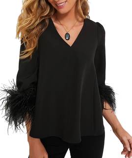 Women's Feather Blouse Party Top 3/4 Sleeve Cuff Casual V Neck Wedding Guest Cocktail…