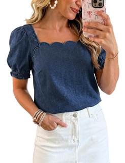Womens Denim Top Jean Country Concert Square Neck Puff Sleeve Shirts | Sweetheart…