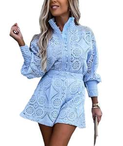 SOMTHRON Womens Eyelet Lace Two Piece Outfits Blouse Tops Shorts Set | Floral Embroidery…