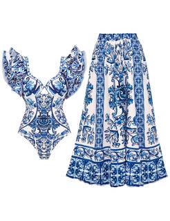 FLAXMAKER Ruffle Blue and White Porcelain Pattern Majolica Print One Piece Swimsuit and…