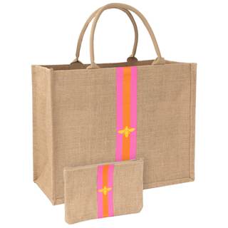 Large Beach Bag Jute Woven Tote Pink and Orange