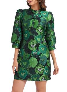Ladyful Women's Floral Jacquard Shift Dress 2026 Long Puff Sleeve Button Up Elegant…