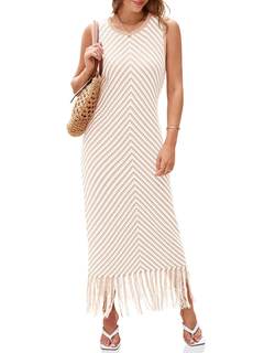 Wenrine Womens Summer Crochet Knit Fringe Striped Sweater Tank Maxi Dresses | Sleeveless…