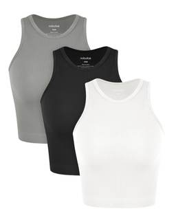 ODODOS 3-Pack Seamless Crop Tank for Women Ribbed Soft High Neck Cropped Tops Waist…