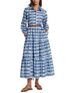 D-Sun Women Long Sleeve Maxi Dress V Neck Button Down Plaid Shirt Dress 3/4 Sleeve Flowy…