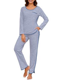 Womens Cotton Pajama Sets Stripe 2 Piece Lounge Set Long Sleeve Comfy Pj Sets Fall…