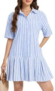 Ladyful Womens Summer Short Sleeve Striped Mini Dress Casual Loose Button Down Pleated…