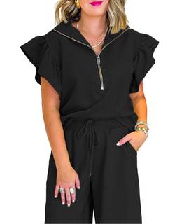 SELINK Two Piece Sets for Women Summer Outfits Ruffle Cap Sleeve Zip Top Wide Leg Pants…