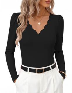 MEROKEETY Women's Fall Puff Long Sleeve Business Casual Work Tops | Scalloped V Neck…