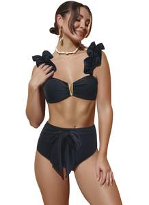 Women High Waisted Swimsuit Flounce Straps Bikini Tie Back Bathing Suit | Removable pads…
