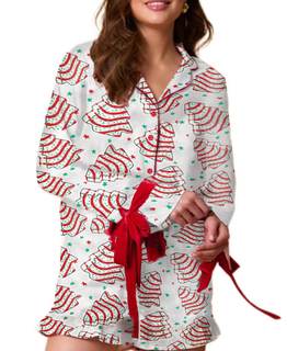 Faretumiya Women Cute Christmas Silk Pajama Bow Tie 2 Piece Xmas Print Pjs Long Sleeve…
