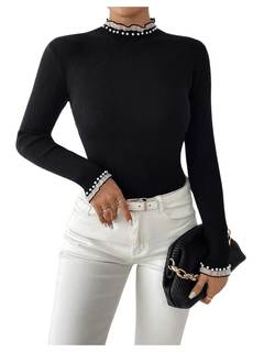 Verdusa Women's Pearl Sweaters Ruffle Trim Mock Neck Long Sleeve Slim Fit Pullovers