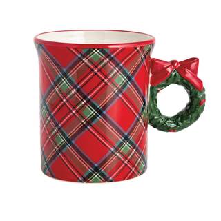 Mud Pie Christmas Wreath Tartan Figural Handle Mug