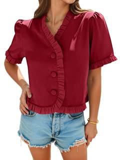 Tankaneo Womens Cropped Short Puff Sleeve Butoon Down Blouse | Summer, Ruffle V Neck…