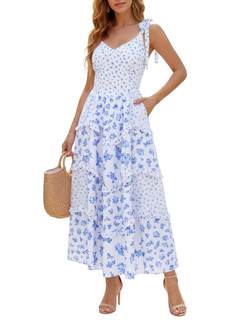 Women Floral Maxi Dress Tie Shoulder Ruffled Smocked Boho Sundress | Tiered Ruffled…