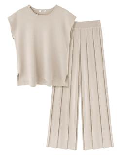 Ekouaer Lounge Sets for Women Two Piece Outfits Knit Cap Sleeve Tops Wide Leg Pleated…