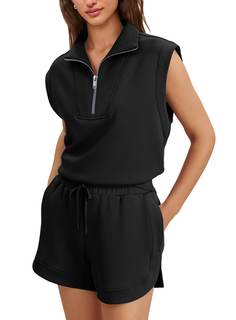 Panadila Womens 2 Piece Short Set Summer Quarter Zip Top and Shorts | Cap Sleeve Top with…