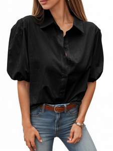 Tankaneo Womens Button Down Shirts Puff Sleeve Tops Summer Cotton Blouses | Loose Fit…