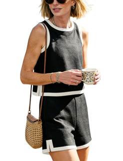 Gozoloma Women's 2 Piece Outfit Crewneck Sleeveless Color Block Cropped Tank and Shorts…