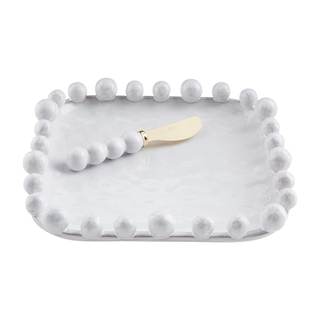 Mud Pie Beaded Boxed Cheese Set, Plate 9" x 9" | Spreader 6 1/2", White