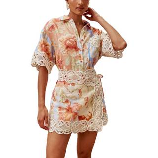 Women Going Out 2 Piece Set Sexy Lace Half Sleeve Lapel Button Down Shirt Tops and Skirts…