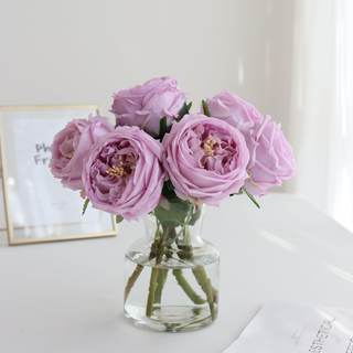 Fake Austin Rose Peonies Flowers with Vase, Clear Glass Vase with Purple Real Touch…