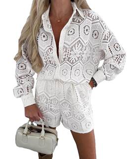 SOMTHRON Women's Crochet 2 Piece Outfits Lace Eyelet Button Down Shirt Top Wide Leg…