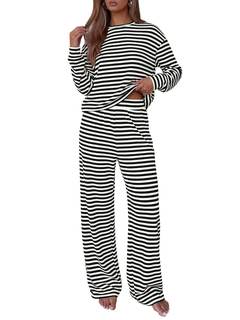 BTFBM Striped Lounge Set Sweatsuits Women 2 Piece Outfit | Womens Pajama Sets, Crew Neck…