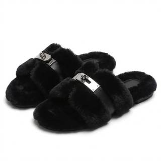 Women Faux Fur Slides Lock Buckle Sandals Fuzzy Open Toe Slippers Chic Elegant Plush Flat…