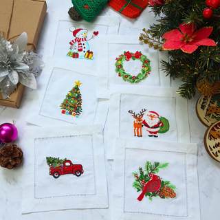 HCRAFT Embroidered White Cocktail Napkins 6"x6" Set of 6 Cloth Napkin Coasters, Mix…