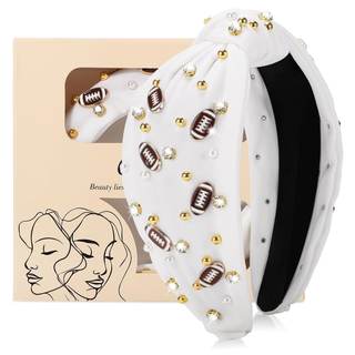 obeoby Football Knotted Headband For Women, Pearl Rhinestone, White | Polyester Fabric…