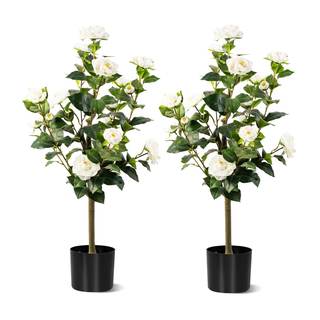 3FT Artificial Camellia Tree 2 Pack, Artificial Plants Outdoor Faux Floral Plant in…