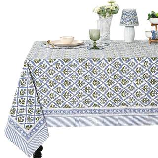 Ridhi Light Steel Blue Hand Block Print Cotton Rectangle Tablecloth 90 x 60 inch-Reusable…