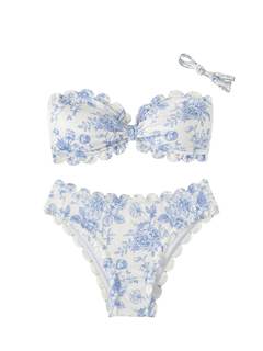 SHENHE Women's 2 Piece Bandeau Bikini Sets Floral Print Scalloped Boho Strapless…