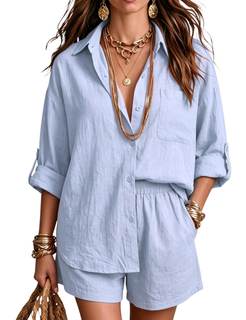 Gozoloma Women's 2 Piece Cotton Linen Set Adjustable 3/4 Sleeve Button Down Shirt &…