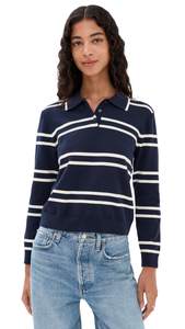 State & Lake Women's Long Sleeve Striped Polo X-Small Navy/White