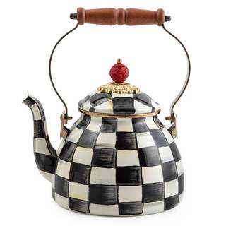 MACKENZIE-CHILDS Tea Kettle, 2 Quarts, Black-and-White Courtly Check | Hand-painted…