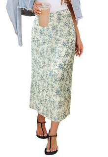HERBATOMIA Women’s Floral Print Midi Skirt Casual High Elastic Waist Zipper Vintage Long…