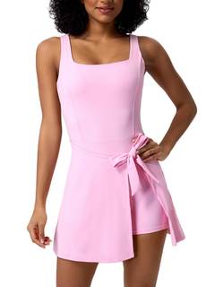 ABOCIW Womens Square Neck Tennis Dress Workout Rompers Wrap Skirt Built in Shorts Golf…