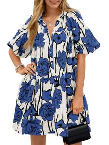 Wenrine Women's Summer Button Down Shirt Dress Floral Puff Short Sleeve | Mini,Casual…